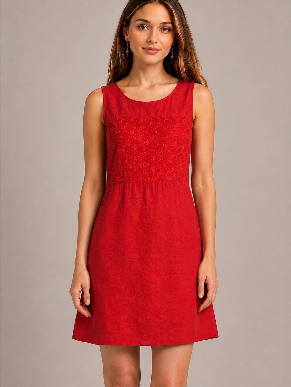 Lina Tomei Red 100% Linen Dress - Made in Italy, Sleeveless, Embroidered, Size L